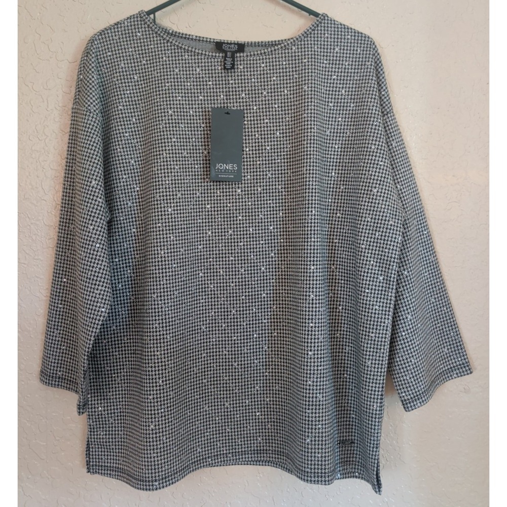 Jones New York Houndstooth 3/4 Sleeve Sparkle Top Black White Large